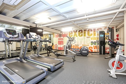 A gym with treadmills, exercise bikes and other equipment.