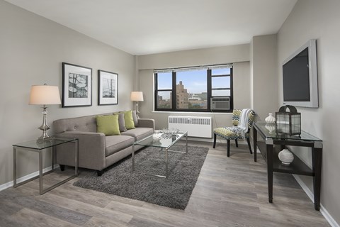 A living room with a grey couch, a glass coffee table, and a grey rug.
