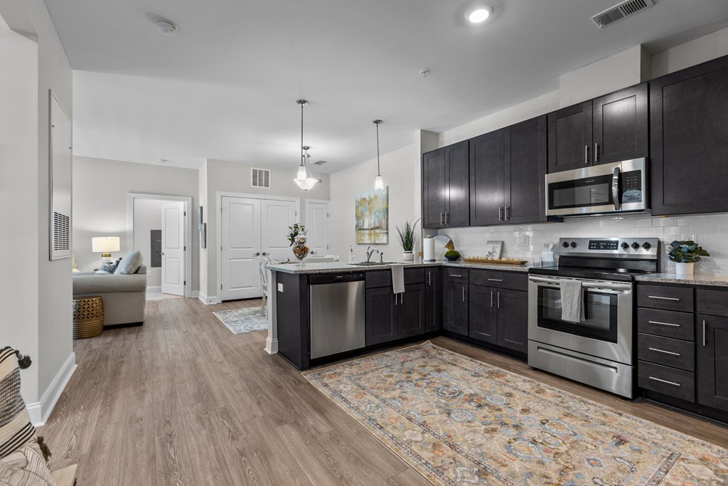 a kitchen with black cabinets and stainless steel appliances