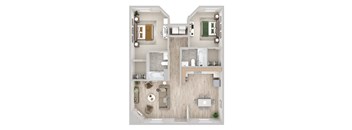 A top-down view of a two-bedroom apartment with a kitchen, living room, and bathroom.