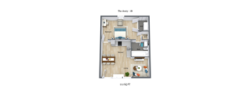 A 3D floor plan of a 1 bedroom apartment.