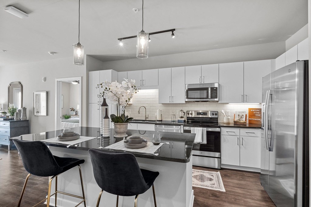 Designer Kitchen with Stainless Steel Appliances at Spinning Mill Lofts, Clayton, NC, 27520