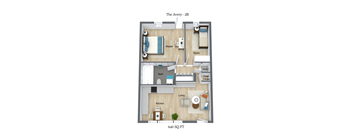 A floor plan of a 2 bedroom apartment with a living room, kitchen, bathroom and bedrooms.