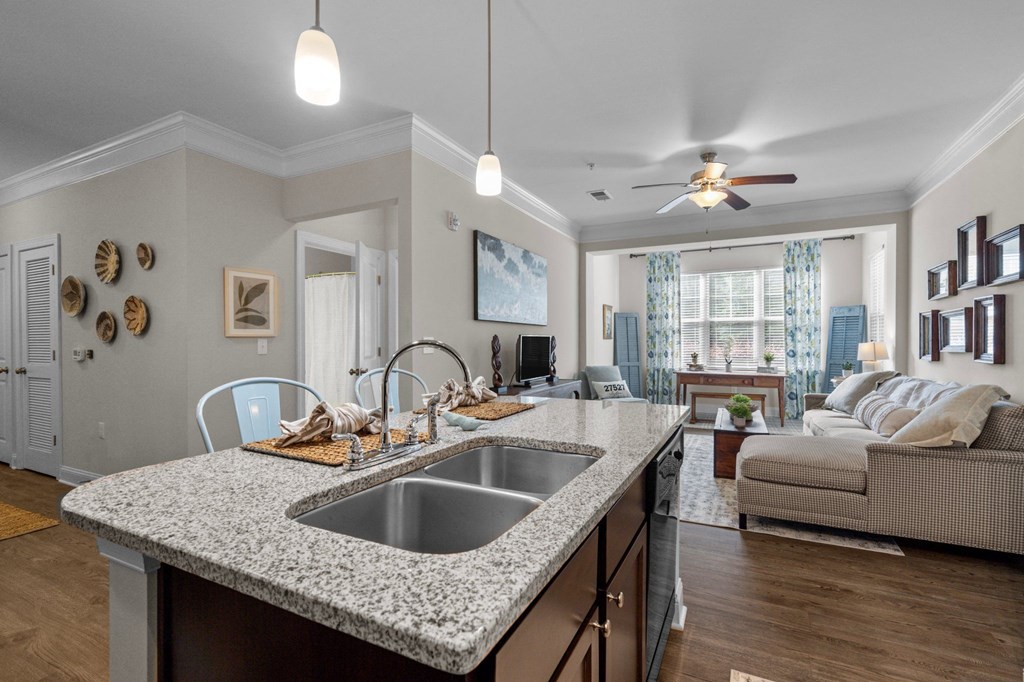 kitchen counter with a sink at The Arbors at East Village, Clayton, NC, 27527