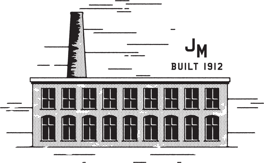 A black and white image of a building with the text "JM BUILT 1912" on it.
