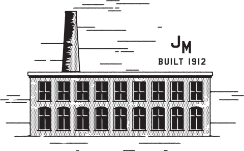 A black and white image of a building with the text "JM BUILT 1912" on it.