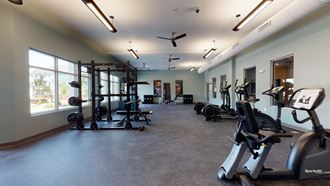 a gym with weights and other exercise equipment and windows