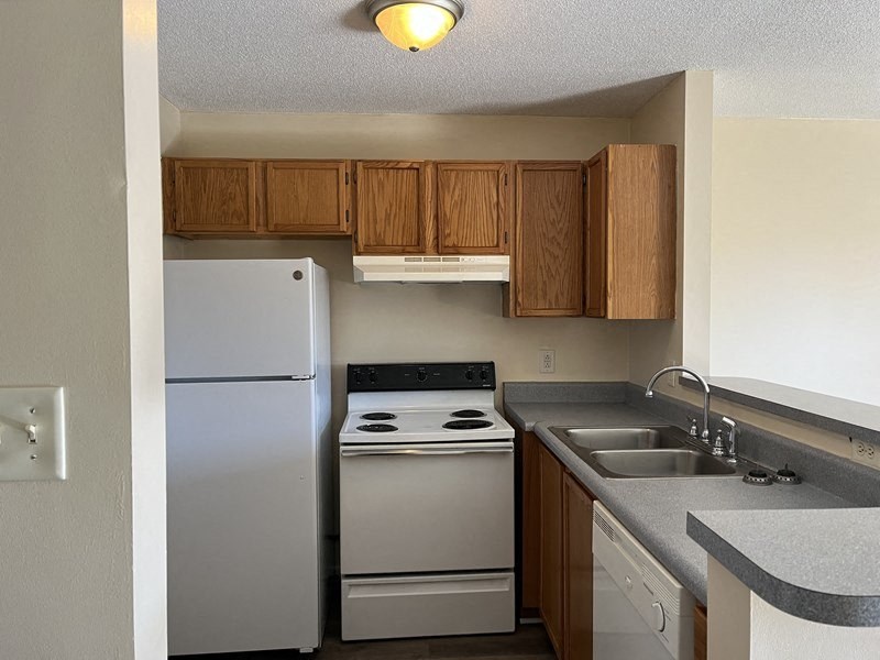 a kitchen with a stove refrigerator and a sink