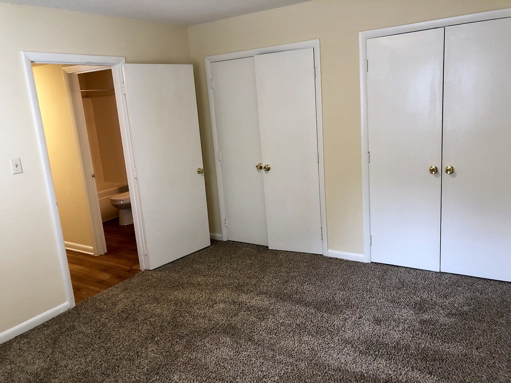 a bedroom with three closets and a carpeted floor