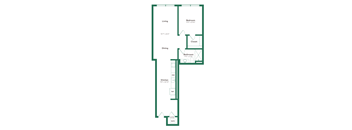 A floor plan of a house with a living room, dining room, kitchen, and bathroom.