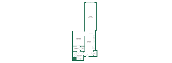 A floor plan of a home with a living room, bedroom, kitchen, laundry closet, and bathroom.