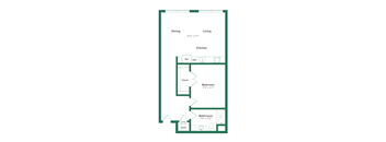 A floor plan of a house with a dining area, kitchen, bedroom, bathroom and a closet.