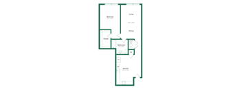 A floor plan of a house with a living room, dining room, kitchen, bedroom, and bathroom.