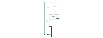 A floor plan of a house with a living room, bedroom, bathroom, kitchen, and closet.