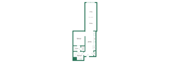 A floor plan of a house with a living room, dining room, kitchen, bathroom, bedroom, and closet.