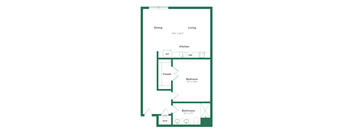 A floor plan of a small apartment with a kitchen, bathroom, and bedroom.