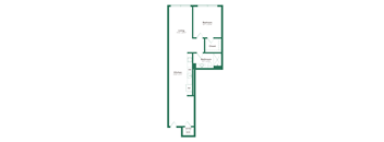 A floor plan of a house with a living room, two bedrooms, a bathroom, a kitchen, and a laundry room.