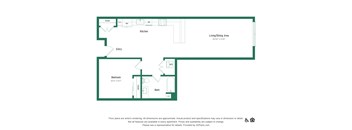 A floor plan of a apartment with a living and dining area, kitchen, bathroom and bedroom.