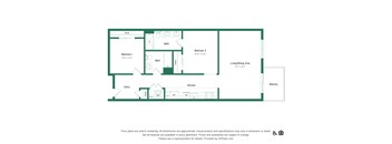 A floor plan of an apartment with two bedrooms, a living/dining area, a kitchen, and a balcony.