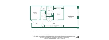 A floor plan of a 1003 square foot apartment with two bedrooms, a living/dining area, and a kitchen.
