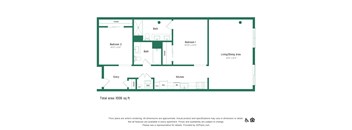 A floor plan of an apartment with a living/dining area, two bedrooms, a kitchen, and a bathroom.