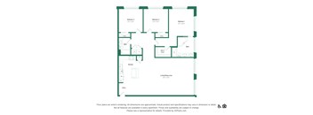 A floor plan of a living/dining area with a kitchen, bath, and three bedrooms.