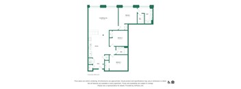 A floor plan of an apartment with a living area, kitchen, and two bedrooms.