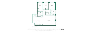 A floor plan of an apartment with three bedrooms and a living area.