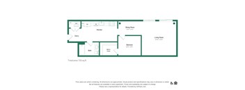 A floor plan of a living space with a kitchen, dining room, and bathroom.