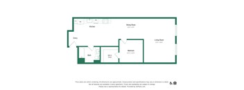 A floor plan of an apartment with a kitchen, dining room, living room, bedroom, and bathroom.