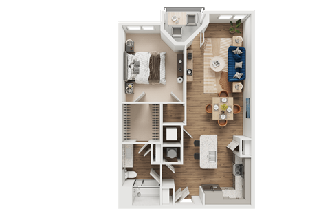 A detailed floor plan of a small apartment with a kitchen, living room, and bathroom.