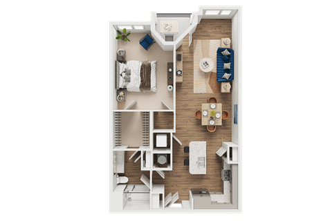 A top-down view of a small apartment with a kitchen, living room, and bedroom.