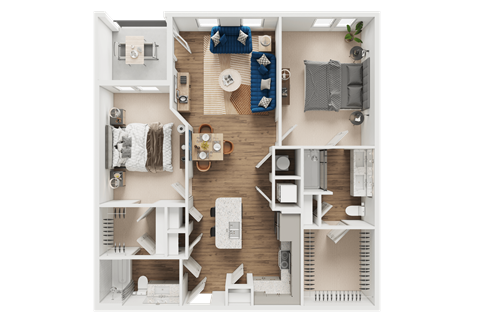 A top-down view of a small apartment layout with a kitchen, living room, and bedroom.