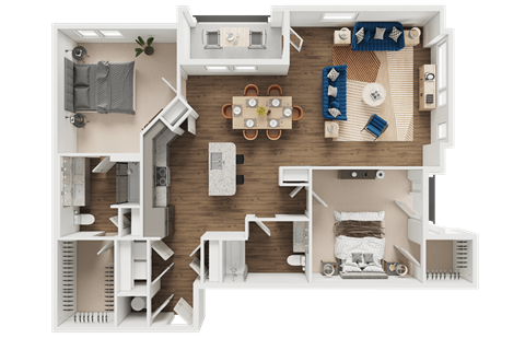 A detailed 3D floor plan of a house showing all rooms and furniture layout.