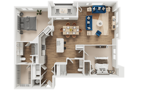 A top-down view of a house layout with a living room, kitchen, dining area, and bedrooms.