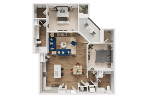 A top-down view of a small apartment layout with a kitchen, living room, and bedroom.