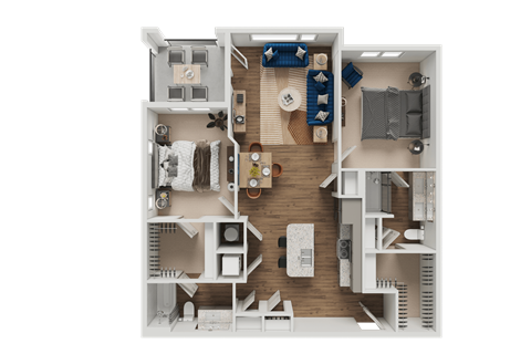 A detailed 3D floor plan of a small apartment layout.