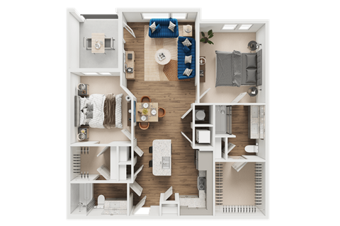 A detailed 3D floor plan of a small apartment layout.