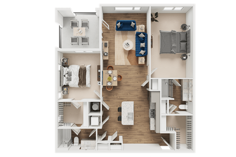 A detailed 3D floor plan of a small apartment.