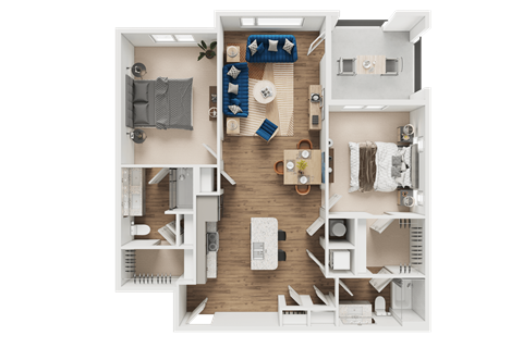 A top-down view of a small apartment with a kitchen, living room, and bedroom.