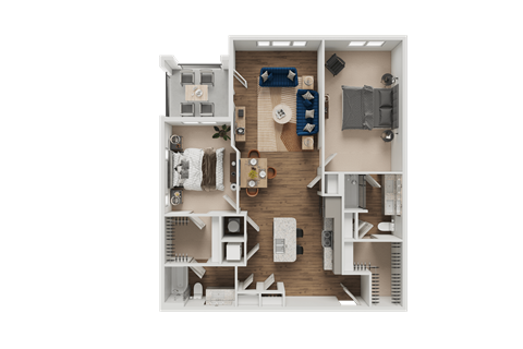 A detailed 3D floor plan of a house layout.