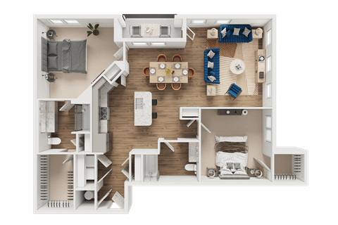A detailed 3D floor plan of a house showing all rooms and furniture layout.