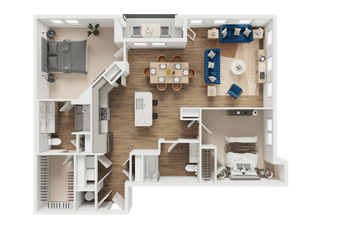 A detailed 3D floor plan of a modern apartment layout.