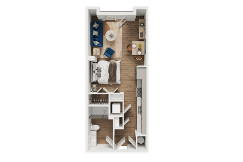 A top-down view of a room with furniture and a green background.