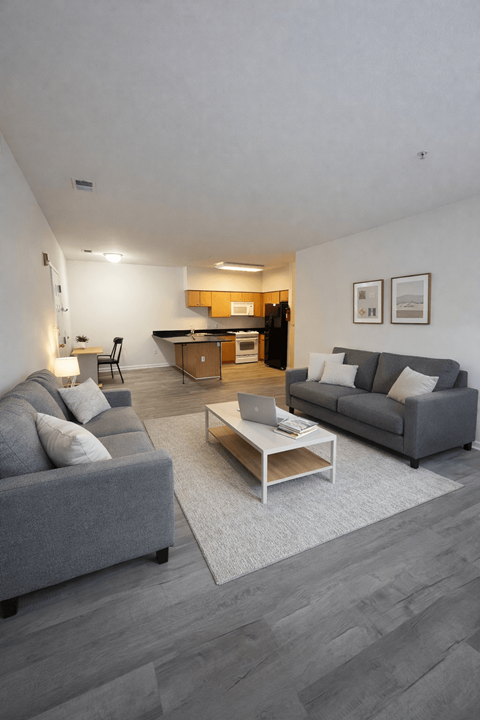 A modern living room with grey couches and a coffee table.