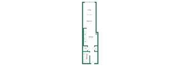 A floor plan of a home with a living room, bedroom, and laundry area.