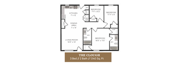 A floor plan of a 3 bedroom, 2 bathroom apartment.