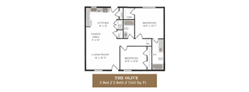 A floor plan for a 2 bedroom, 2 bathroom apartment sized at 1,140 square feet.