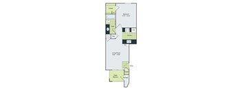 A floor plan of a house with a living room, bedroom, kitchen, bathroom, and closet.