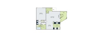 A floor plan of a house with a bedroom, living room, kitchen, and bathroom.